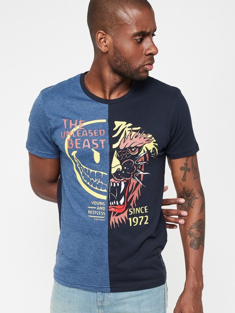 

Smiley World Men Navy Blue Printed Round Neck T-shirt