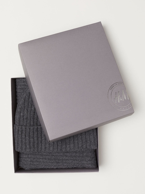 

H&M Men Grey Cashmere-Blend Hat And Scarf