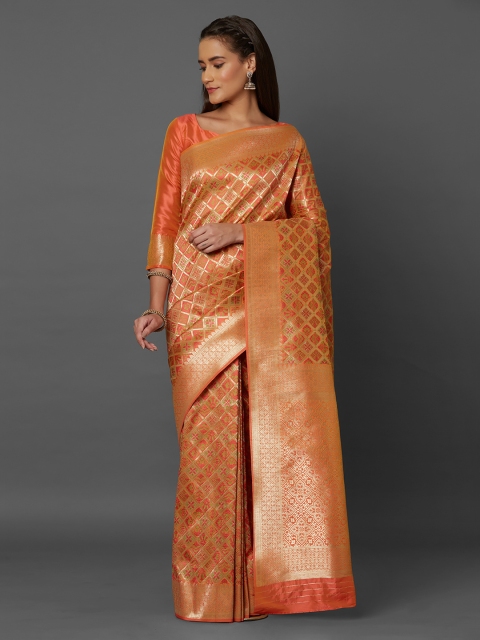 

Mitera Orange Silk Blend Woven Design Banarasi Saree
