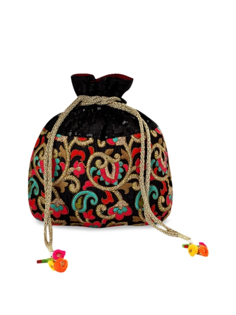 

ZAREGARE Black & Gold-Toned Embroidered Potli Clutch