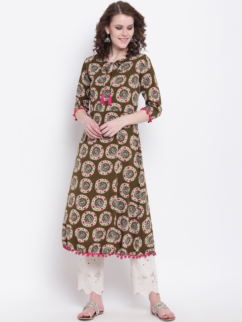 

Napra Women Olive Green & White Printed A-Line Kurta