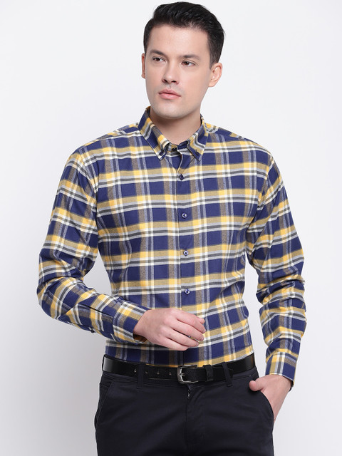 

Hancock Men Navy Blue & Yellow Slim Fit Checked Formal Shirt