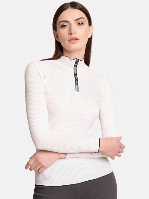 

Kazo Women White Solid High Neck T-shirt