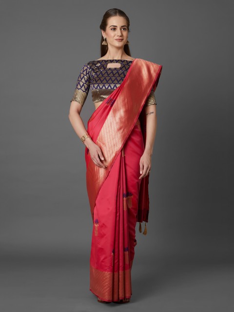 

Mitera Coral Red & Gold-Colored Silk Blend Woven Design Kanjeevaram Saree