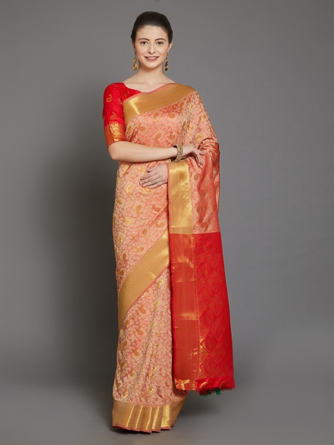 

Mitera Peach-Coloured & Red Silk Blend Woven Design Banarasi Saree