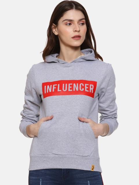 Campus Sutra Women Grey Printed Hooded Sweatshirt