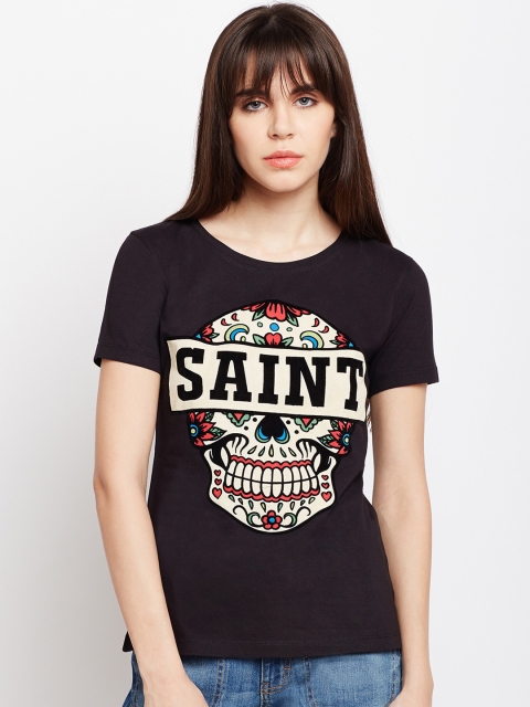 

PUNK Women Black Printed Round Neck T-shirt