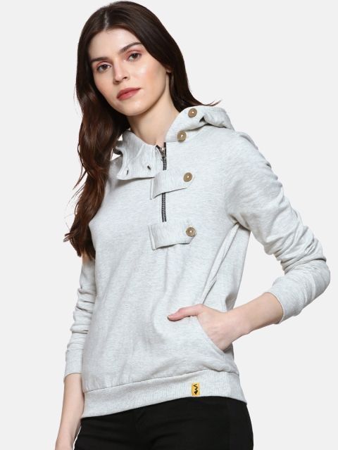 

Campus Sutra Women Grey Solid Hooded Sweatshirt