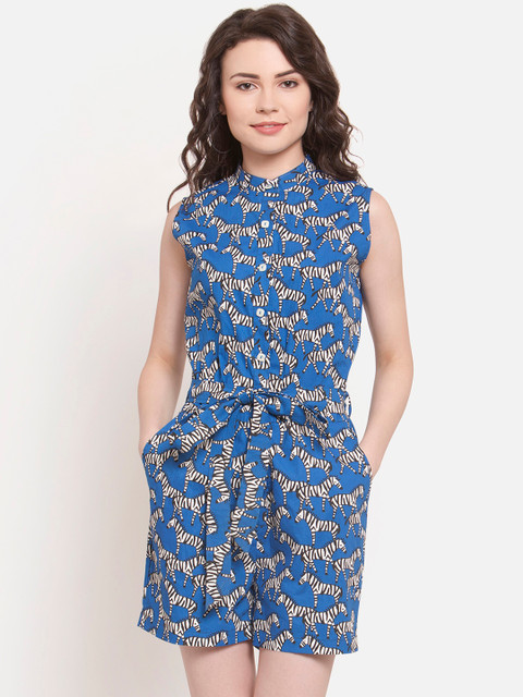 

MARTINI Womens Blue Zebra Print Cotton Playsuit