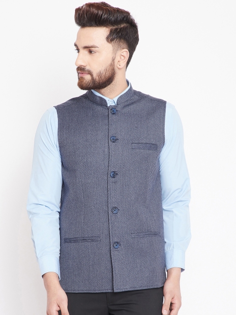 

even Men Blue Woven Design Nehru Jacket