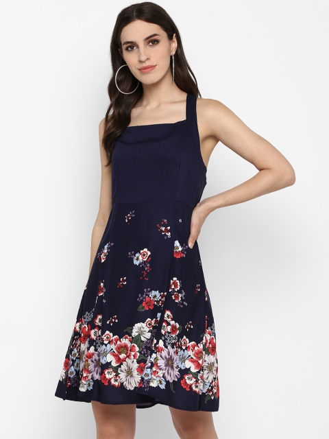 

MIAMINX Women Navy Blue Floral Printed Fit and Flare Dress