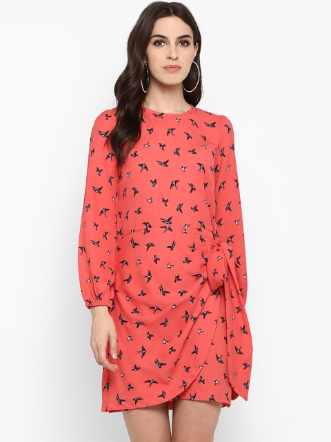 

MIAMINX Women Coral Pink Bird Printed Sheath Dress