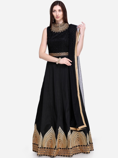 

Stylee LIFESTYLE Black Zardosi Raw Silk Semi-Stitched Dress Material