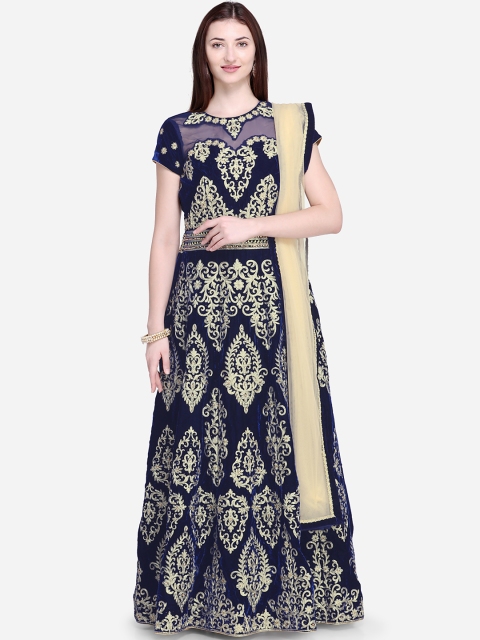 

Stylee LIFESTYLE Navy Blue & Yellow Velvet Zardozi Semi-Stitched Dress Material