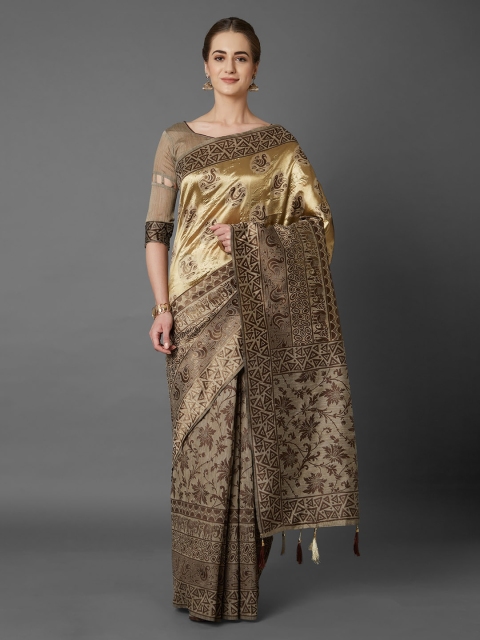 

Mitera Gold-Coloured & Beige Woven Design Kanjeevaram Saree