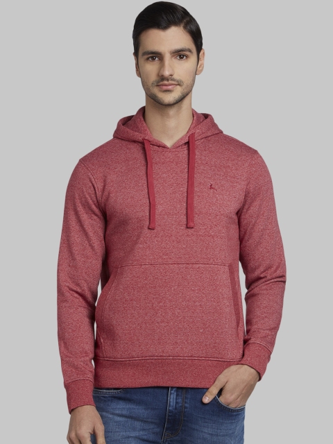 

Parx Men Coral Red Solid Hooded Sweatshirt