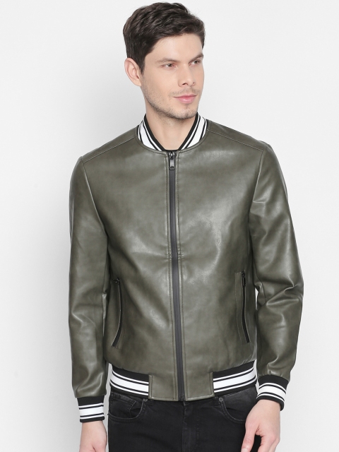 

Basics Men Olive Green Solid Biker Jacket
