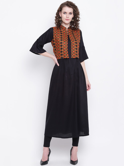 

Napra Women Black & Orange Printed Layered A-Line Kurta
