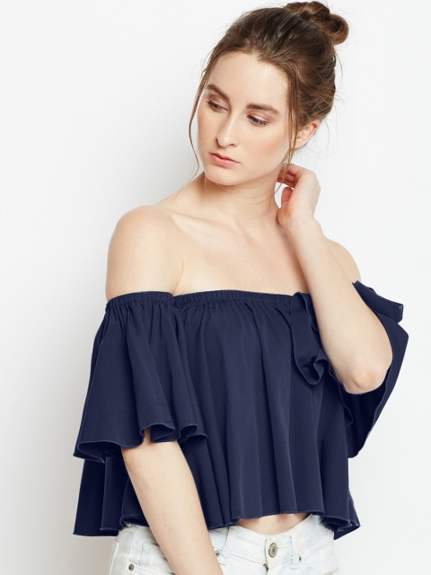

Berrylush Women Navy Blue Solid Bardot Top