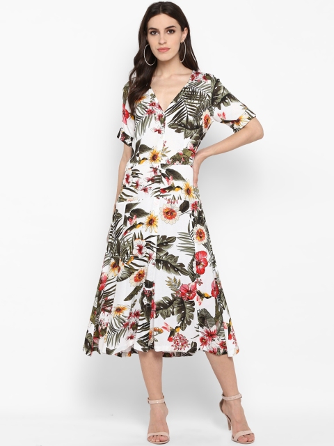 

MIAMINX Women White & Green Tropical Printed Fit and Flare Dress