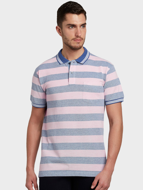 

ColorPlus Men Pink & Blue Striped Polo Collar T-shirt