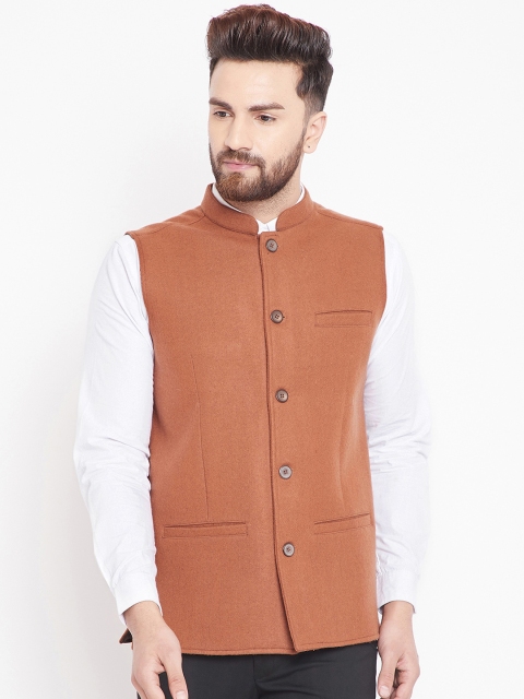 

even Men Brown Solid Woven Nehru Jacket