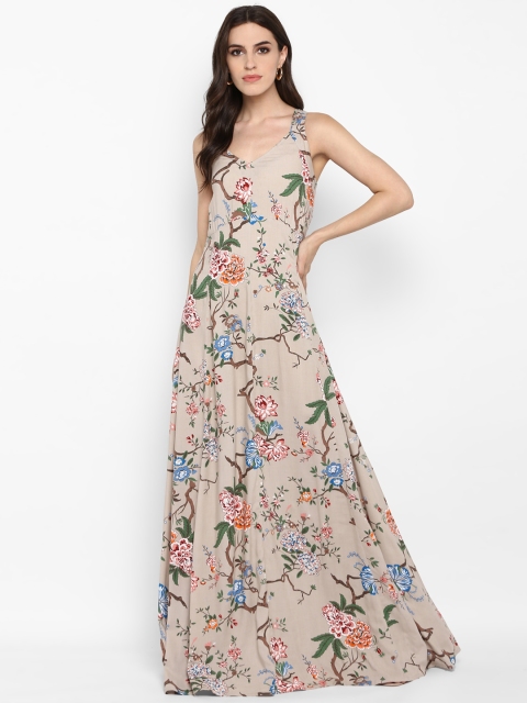 

MIAMINX Women Taupe Floral Printed Maxi Dress