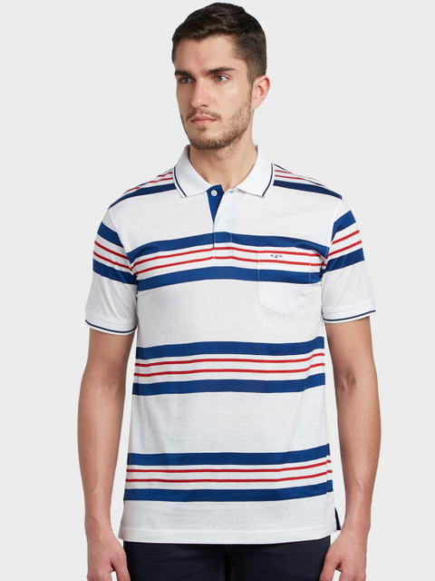 

ColorPlus Men White & Blue Striped Polo Collar T-shirt
