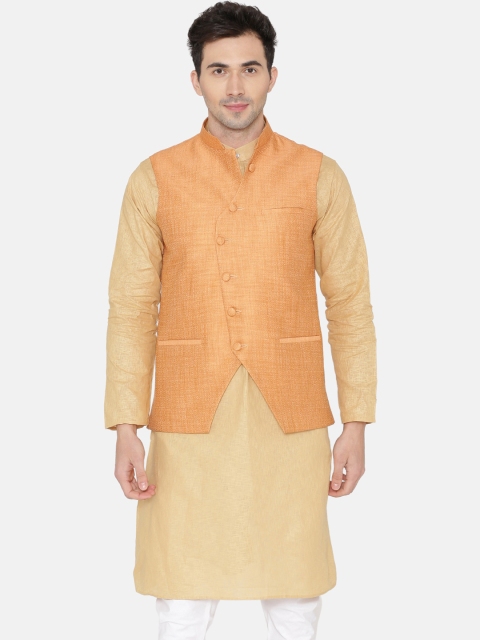 

Wintage Men Orange Solid Banarasi Rayon Cotton Nehru Jacket