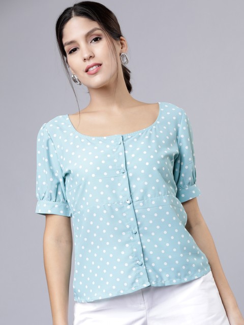 

Tokyo Talkies Women Turquoise Blue Printed Shirt Style Top