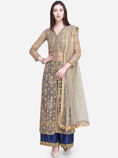 

Stylee LIFESTYLE Beige & Navy Blue Supernet Zardosi Semi-Stitched Dress Material