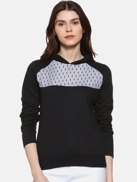 

Campus Sutra Women Black Colourblocked Hooded Sweatshirt