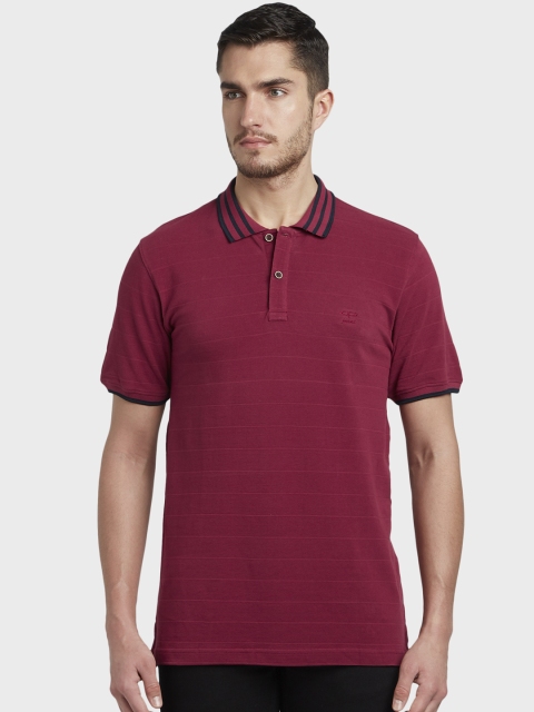 

ColorPlus Men Maroon Self-Striped Polo Collar T-shirt
