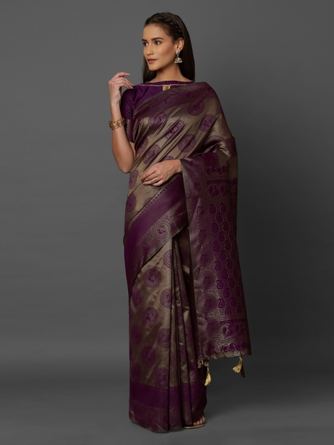 

Mitera Purple & Taupe Silk Blend Woven Design Kanjeevaram Saree