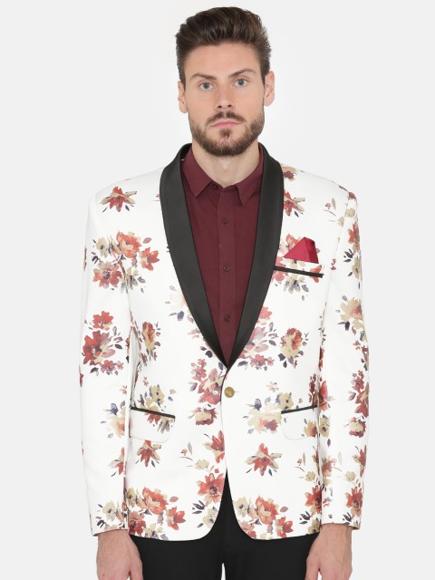 

Wintage Men White & Red Printed Regular Fit Tuxedo Blazer