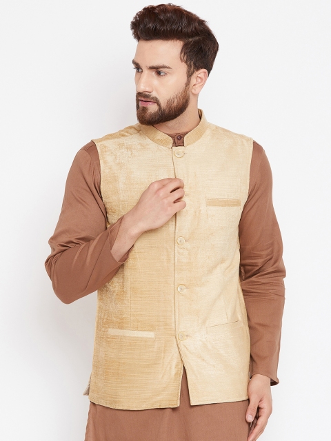

even Men Beige Solid Woven Nehru Jacket