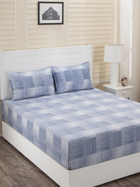 

MASPAR Blue & White Geometric 144 TC Cotton 1 Queen Bedsheet with 2 Pillow Covers