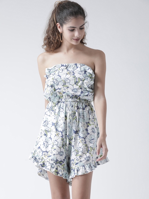 

Texco Women White and Navy Printed Ruffled Detail Jumpsuit