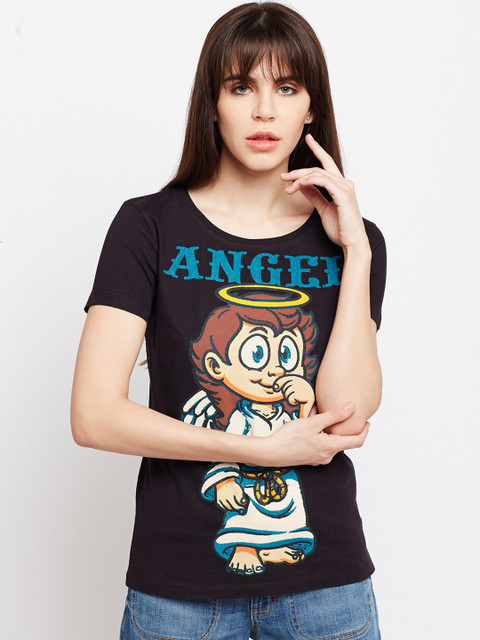 

PUNK Women Black Printed Round Neck T-shirt