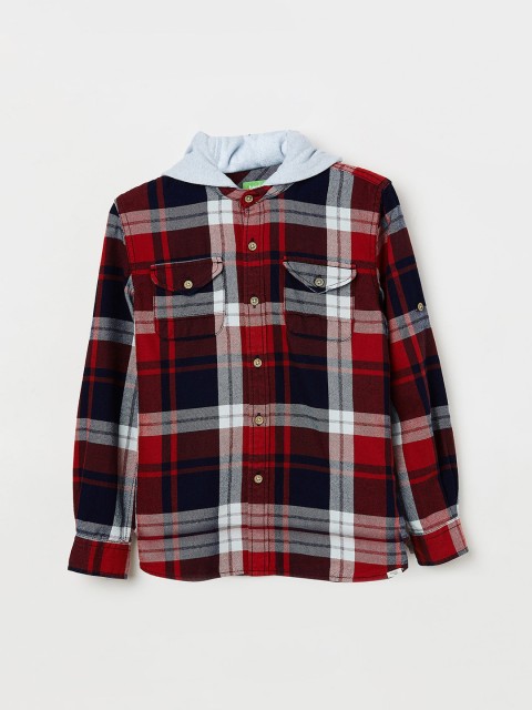 

Bossini Boys Red & Navy Blue Regular Fit Checked Hooded Casual Shirt
