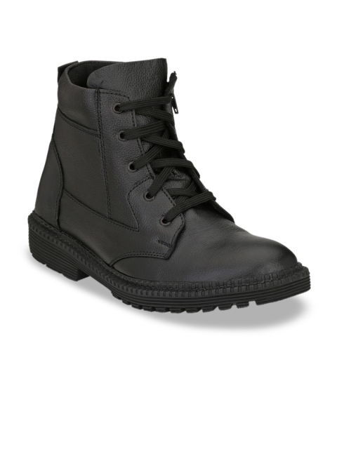 

Mactree Men Black Solid Leather Mid-Top Antibacterial Flat Boots