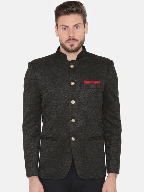 

Wintage Men Black Self-Design Regular Fit Bandhgala Blazer