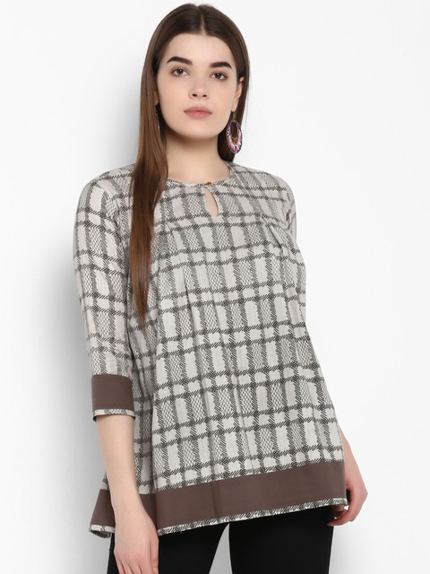 

ETHNIC STREET Women Off-White & Black Checked A-Line Top