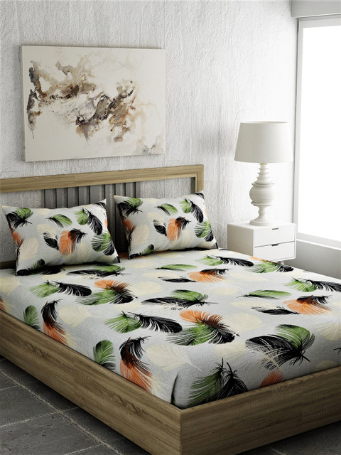 

EverHOME White & Green Floral 144 TC Cotton 1 Queen Bedsheet with 2 Pillow Covers