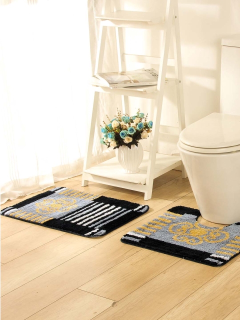 

OBSESSIONS Black & Grey Microfiber Polyester Anti-Slip Bath Rug With Pedmat