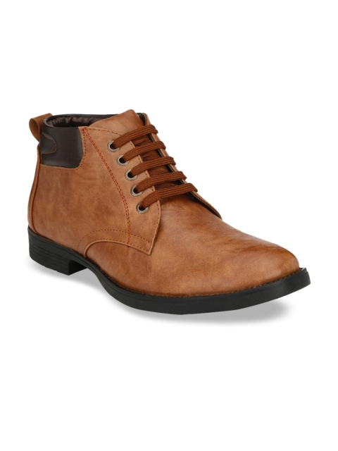 

Mactree Men Tan Colourblocked Synthetic Leather Mid-Top Antibacterial Flat Boots