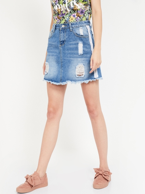 

Ginger by Lifestyle Women Blue Washed Distressed Denim Pencil Mini Skirt