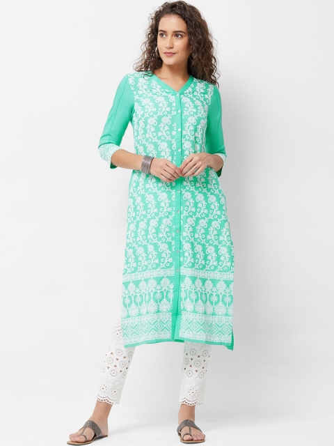 

Naari Women Green & White Embroidered A-Line Kurta