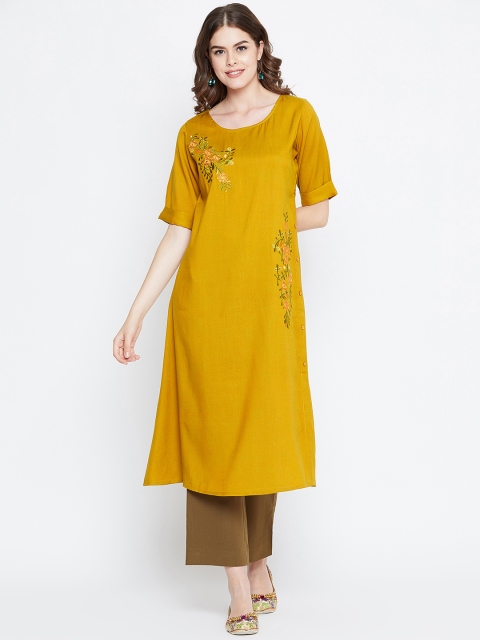

rangeelo rajasthan Women Yellow Floral Embroidered A-Line Kurta