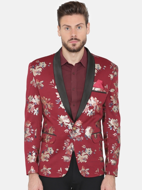 

Wintage Men Maroon & Beige Printed Regular Fit Tuxedo Blazer